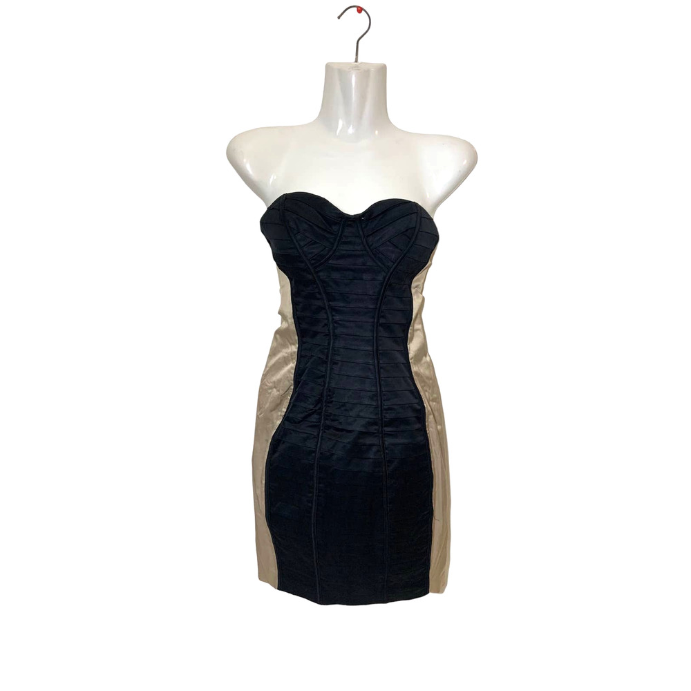 Women's Bebe Pleated Corset Bustier Bodycon Mini Dress Tan Black Size XXS